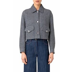 Akris Punto Crop Tweed Jacket •Women US 12• Blue Boxy Cropped Blazer Button